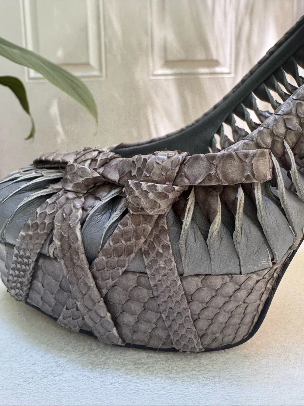 Dior Gray Woven Leather Platform Pumps with Ankle Strap